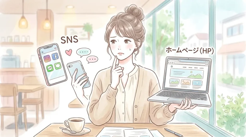 SNSとHPを悩む女性