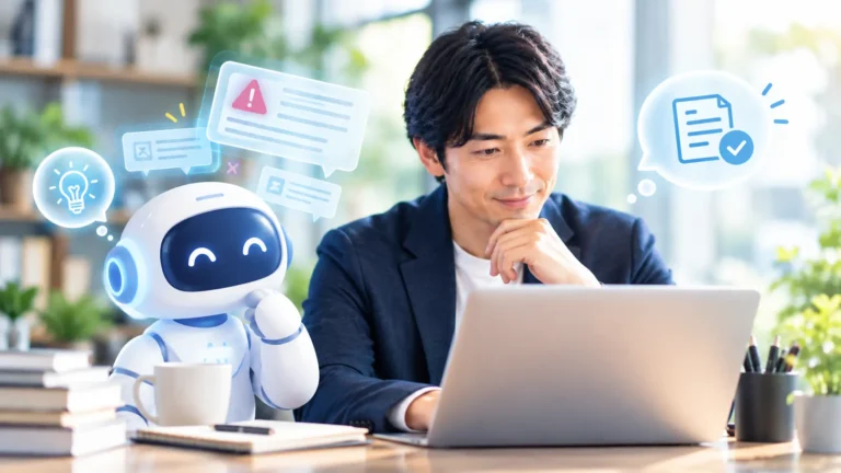 若いビジネスマンがAIとの付き合い方を工夫して上手に活用している様子