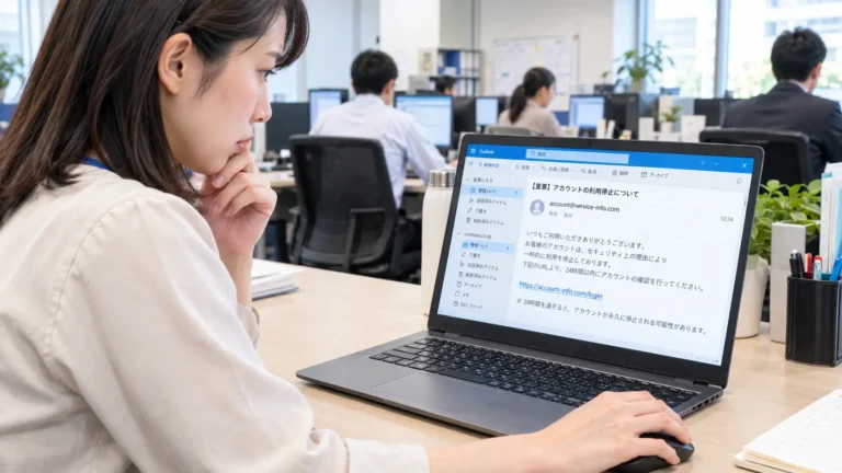 フィッシングメール対策｜偽メールを確認するビジネスパーソン